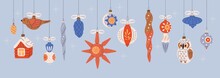 Christmas Baubles Hanging On Strings. Xmas Vintage Balls And Retro Decor For New Year. Winter Holiday Background With Festive Ornaments. Newyear Banner With Toys. Colored Flat Vector Illustration