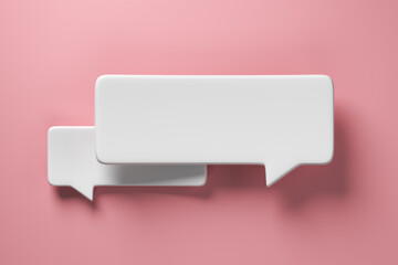 Empty white volumetric speech bubbles with shadows on pink background. 3D rendering