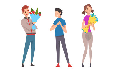 Poster - Young Man Giving Bouquet of Flowers to Happy Woman Vector Set