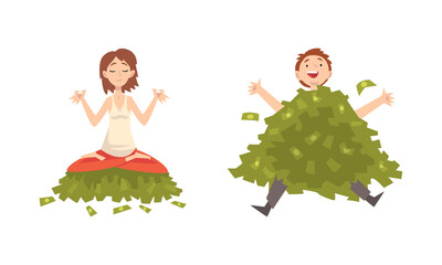 Sticker - Rich Man and Woman Character with Pile of Cash and Bills Vector Set