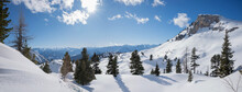 Idyllic Alpine Winter Landscape, Rofan Alps With Fir Trees And Powder Snow, Blue Sky