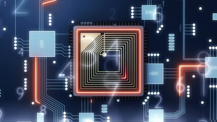 Wall Mural - microchip big data process motion. data transfer integrated chip. digital network and computing deve
