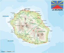 La Reunion Road And National Park Vector Map With Flag