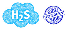 Vector Crossing Mesh Hydrogen Sulfide Cloud Carcass, And Hydrogen Blue Rosette Dirty Stamp Seal. Crossed Carcass Network Illustration Created From Hydrogen Sulfide Cloud Icon,
