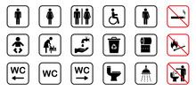 Toilet Room Silhouette Icon. Set Of WC Sign. Bathroom, Restroom Pictogram. Public Washroom For Disabled, Male, Female, Transgender. Mother And Baby Room. No Smoking Sign. Vector Illustration