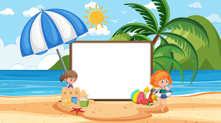 Sticker - Kids on vacation at the beach daytime scene with an empty banner template