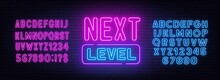 Next Level Neon Sign On Brick Wall Background.