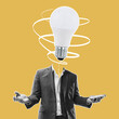 Modern design, contemporary art collage. Inspiration, idea, trendy urban magazine style. Man in business suit with electric bulb instead head