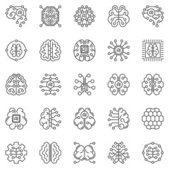 Wall Mural - AI Digital Brain line icons set - vector Artificial Intelligence symbols