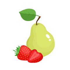 Wall Mural - Cartoon bright natural strawberries and pear isolated on white.