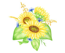 Watercolor Sunflower Bouquet With Cornflowers And Spikelets, Hand Drawn Botanical Illustration. Fall Floral Clipart. Bunch Of Yellow And Blue Autumn Flowers Isolated On White Background For Wedding.