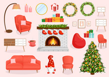 Set Of Furniture For The Christmas Room, Hallway, Living Room, Study. Collection Of Festive Items For Interior, Apartment, Office, Home. Vector Illustration In Flat Cartoon Style. Housing Elements.