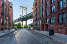 Dumbo District In Brooklyn With Manhattan Bridge View, New York City, USA