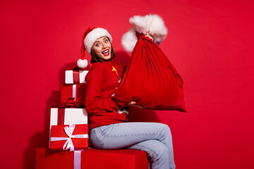 Wall Mural - Photo of excited funky young lady dressed print pullover rising new year bag isolated red color background