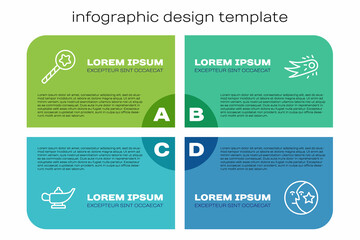 Wall Mural - Set line Magic lamp or Aladdin, wand, Moon stars and Fireball. Business infographic template. Vector