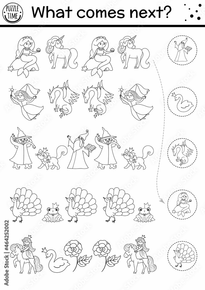 What comes next. Black and white fairytale matching activity for ...