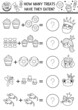 How many treats game with cute fairytale characters, donuts, sweets. Black and white magic kingdom math addition activity for preschool kids. Printable simple counting worksheet or coloring page.