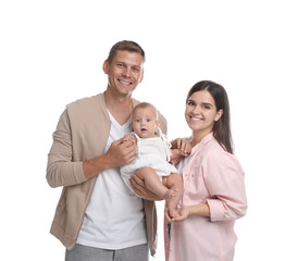 Portrait of happy family with their cute baby on white background