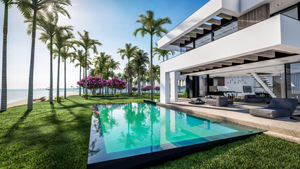 Wall Mural - 3d rendering of modern cozy house with pool and parking for sale or rent in luxurious style by the sea or ocean. Sunny day by the azure coast with palm trees and flowers in tropical island
