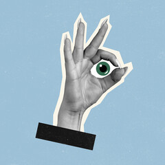 Contemporary art collage of human hand showing okey gesture with green eye isolated over blue background