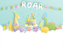 Birthday Card With Cute Dinosaur And Gift Boxes, Birthday Cake. 