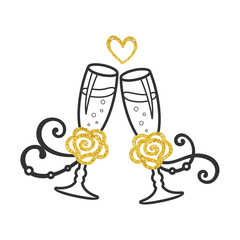 Two black glasses of champagne with golden glitter roses and small heart on a white background. Wedding stemware with rose and ribbon. Vector decorative element for festive design, wedding, engagement