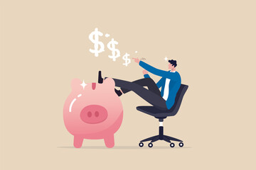 Wall Mural - Personal finance expert, success salary man with high saving rate, investment or wealth management, income tax concept, confidence businessman sit with wealthy piggy bank thinking about money profit.