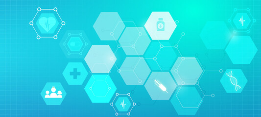 Wall Mural - Healthcare and technology concept with flat icons and symbols. Template design for health care business, innovation medicine, science background, medical research. Vector illustration.