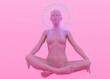 3D rendering of a bald woman statue practicing yoga and sitting in lotus pose relaxed with opened eyes. Mindfulness meditation concept.