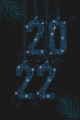 Abstract isolated blue image of new year number 2022. Polygonal low poly wireframe illustration looks like stars in the blask night sky in spase or flying glass shards. Digital web, internet design.