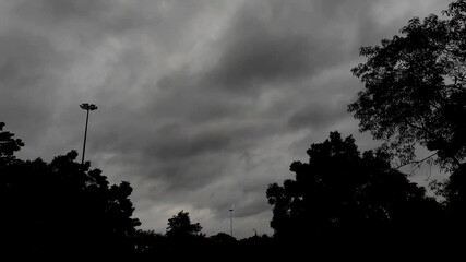 Poster - A scenic shot of moody, rainy, and stormy clouds in the forest in black and white color