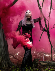 A Lovely Gothic Model Acts In A Forest Environment