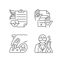 Experimental research linear icons set. Measure clinical outcomes. Informed consent. Crowdfunding. Customizable thin line contour symbols. Isolated vector outline illustrations. Editable stroke