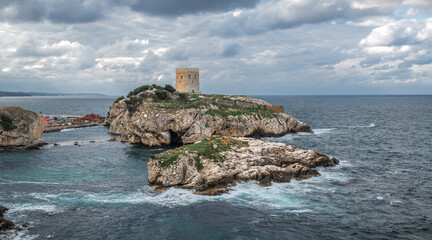 Old fortress on green island inside the sea. Old castle in middle of ocean with a beautiful sky in background. Sile, Istanbul, Turkey