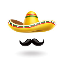 Sombrero Hat And Mustache . Cinco De Mayo Mexican Celebration Vector Icon Illustration