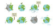 © Sonium_art - Planet earth ecology problem and conservation set. Cute doodle bundle of stickers. World globe with child face. Global warming, plastic pollution, air pollution, care, green world.