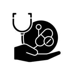 Poster - Improving treatment black glyph icon. New drug development. Improve standard of healthcare. Identify better treatment solutions. Silhouette symbol on white space. Vector isolated illustration