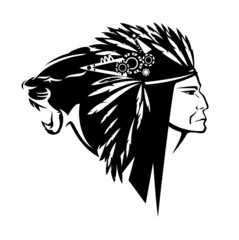 Wall Mural - native american tribal chief wearing feathered headdress nad wild roaring cougar head - black and white vector shaman portrait outline