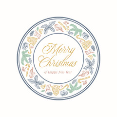 Wall Mural - Christmas Wreath Card with Circle Frame Banner and Cute Typography. Gentle Colors Greetings Label or Sticker Layout with Sketch Spruce, Holly, Mistletoe and Gift Boxes. Isolated