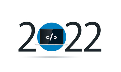 Happy new year 2022. year 2022 with laptop and programming code on screen
