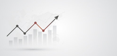 Wall Mural - financial chart with moving up arrow graph and world map on black and white color background