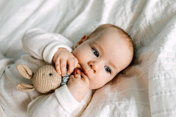 closeup of a baby playing with a crocheted bunny toy, biting it. first teeth concept.