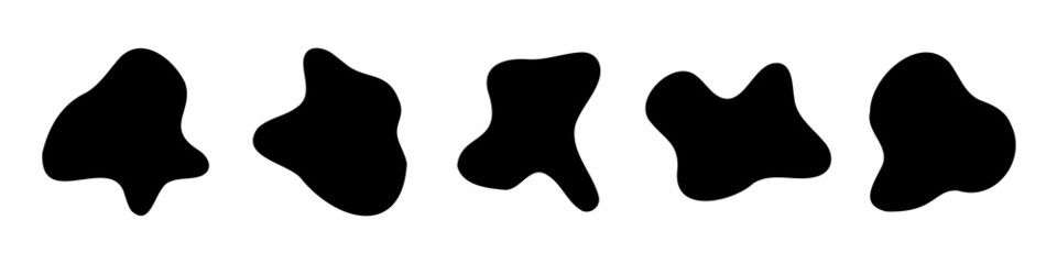 Organic blob shapes. Abstract fluid blotch, stone or water silhouette, liquid amoeba elements set. Random flat geometric irregular stain isolated on white background, black spot mockup.