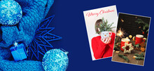 Christmas Or New Year's Collage Of Photos On A Blue Background..