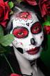 joven mujer calavera pintada en el rostro y flores dia de los muertos mexico katrina catrina sobre fondo verde Closeup close up