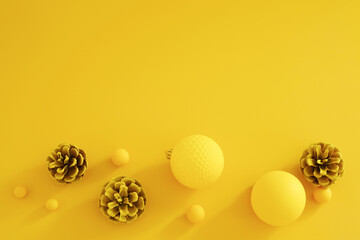 Yellow Christmas composition on the yellow background. Trendy Xmas background, mockup. Modern design. Free space for text, copy space. Flat lay, top view.