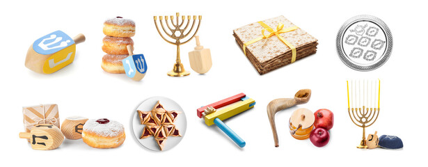 Different symbols of Judaism religion on white background