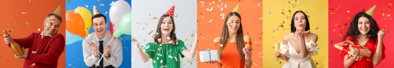 Group of people celebrating Birthday on color background