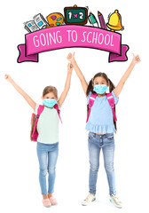 Sticker - Little girls with medical masks on white background. Going to school during Coronavirus epidemic