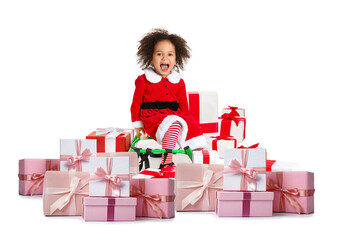 Sticker - Little African-American girl in Santa costume, with sledges and gifts on white background